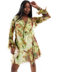 ASOS - Asos Design Curve Ruffle Tie Front Plunge Mini Dress With Frill Sleeves - Lyst