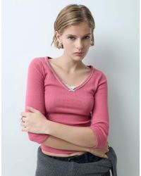 Miss Selfridge - Rib V-neck 3/4 Sleeve Top With Lace And Picot Trim - Lyst