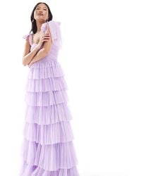 LACE & BEADS - Bridesmaid Bow Shoulder Tulle Maxi Dress - Lyst