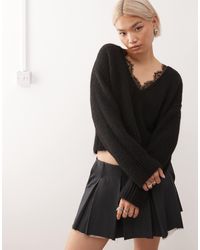 Monki - Fluffy Knitted V-neck Jumper With Lace Trim - Lyst