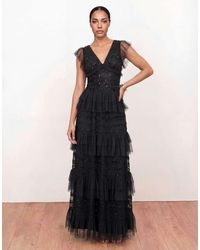 Maya - Spot Mesh Embellished Flutter Sleeve Tiered Maxi Dress - Lyst