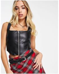 Bershka - Ribbed Leather Detail Zip Up Corset Top - Lyst