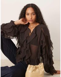 Glamorous - V-Neck Button Front Ruffle Blouse - Lyst