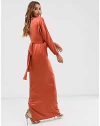asos design maxi dress with batwing sleeve and wrap waist in satin