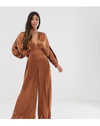 ASOS Petite Ruched Batwing Satin Jumpsuit - Orange
