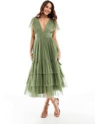 LACE & BEADS - L'invitée - madison - robe mi-longue en tulle à col v - olive - Lyst