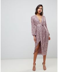 ASOS Vestido midi con lentejuelas dispersas y lazo en la cintura - Rosa
