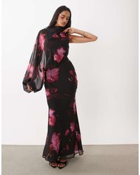 ASOS - One Sleeve Blouson Overlay Bias Cut Maxi Dress - Lyst