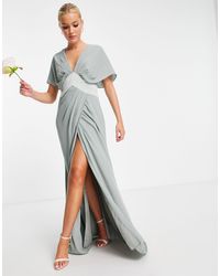 ASOS - L'invitée - robe longue à manches blouson avec dos boutonné et taille à chevron en satin - olive - Lyst