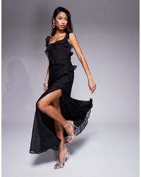 ASOS - Vestito Lungo Allacciato Sul Retro Nero Con Bordi Grezzi E Volant - Lyst