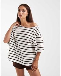 ASOS - Slouchy Off Shoulder Oversized Tee Choc & Cream Stripe - Lyst