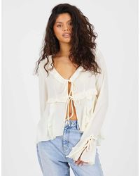 Brave Soul - Long Sleeve Mesh Ruffle Tie Front Blouse - Lyst