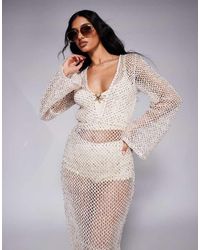 South Beach - Vestito Da Mare Lungo Color Crema Con Paillettes Argento - Lyst