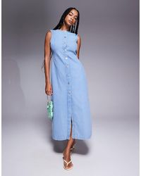 ASOS - Round Neck Denim Maxi Dress With Button Front Opening - Lyst