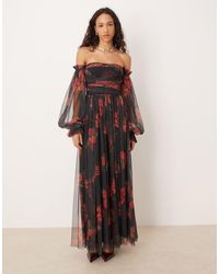 LACE & BEADS - Off The Shoulder Balloon Sleeve Tulle Maxi Dress - Lyst
