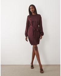 Vila - Tie Waist Long Sleeve Satin Mini Dress - Lyst