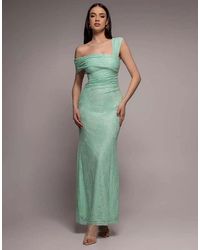 Goddiva - One Shoulder Pleated Bardot Lace Maxi Dress - Lyst