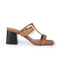 OFF THE HOOK - Kelsie Leather T-Strap Buckle Block Heel Mule Sandals - Lyst