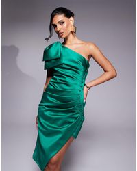 Lavish Alice - Bonded Satin Bow Shoulder Wrap Midi Dress - Lyst