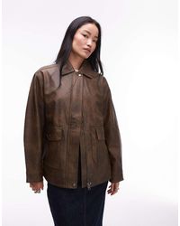 TOPSHOP - Chaqueta Marrón Lavado De Estilo Años 90 Con Cremallera Y Bolsillos De Parche De Cuero Sintético De - Lyst