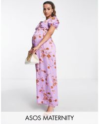 ASOS - Maternity – geblümter freizeit-jumpsuit aus satin mit puffärmeln - Lyst