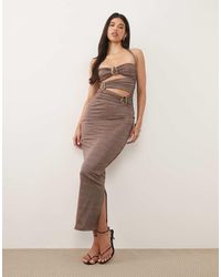 Murci - Square Halterneck Cut Out Hardware Detail Shimmer Maxi Dress - Lyst