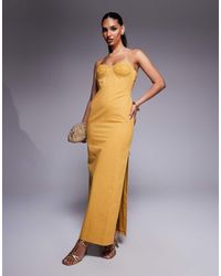 ASOS - Vestido Midi Amarillo Mostaza Estilo Corsé Con Detalle Bordado En El Pecho De Sarga De Algodón De - Lyst