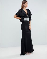 ASOS Red Carpet Deep Plunge Scuba Ruffle Sleeve Maxi Dress With Detachable Belt - Black