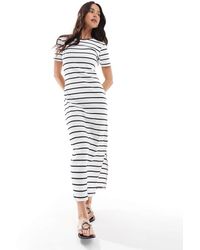 French Connection - Vestito T-Shirt Lungo A Colonna Bianco E Blu A Righe A Coste - Lyst