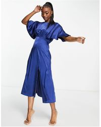 AX Paris Satin Midi Tea Dress With Flutter Sleeves - Blue