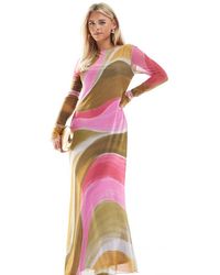 Vero Moda - Maxi Jurk Van Mesh Met Lange Mouwen En Veelkleurige Uitvergrote Geverfde Print - Lyst