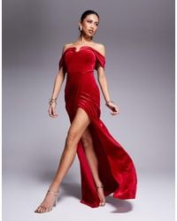Goddiva - Off The Shoulder Front Split Velvet Maxi Dress - Lyst