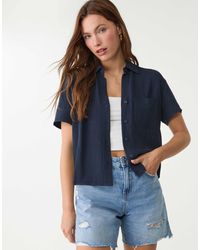 Stradivarius - Chemise à manches courtes en lin mélangé - bleu foncé - Lyst