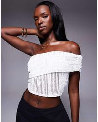 Public Desire - Textured Foldover One Shoulder Crop Top Co Ord Cream - Lyst