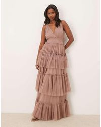 LACE & BEADS Layered Tulle Bardot Maxi Dress in Purple | Lyst UK