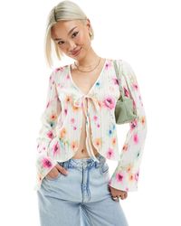 Pieces - Plisse Long Sleeve Tie Front Top - Lyst