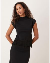 Pretty Lavish - Knitted Fringe Hem High Neck Cap Sleeve Top Co-Ord - Lyst