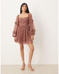 LACE & BEADS - Balloon Sleeve Ruffle Lace Mini Dress - Lyst