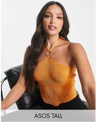 ASOS Asos Design Tall Plisse Halter Neck Crop Top With Ring Detail And Lace Up Back - Orange
