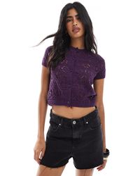 Miss Selfridge - Knitted Crochet Short Puff Sleeve Cardigan - Lyst