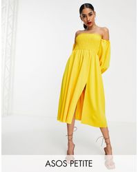 ASOS - Asos Design Petite Shirred Bardot Blouson Sleeve Prom Midi Dress - Lyst