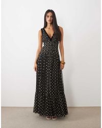 LACE & BEADS - Tulle Velvet Trim Plunge Neck Tiered Maxi Dress - Lyst