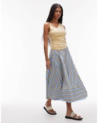 TOPSHOP - Jupe longue à taille basse et rayures effet raccordé - bleu et vert citron - Lyst