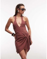 Noughts & Kisses - Linen Blend Gold Hardware Halterneck Keyhole Plunge Wrap Skirt Detail Mini Dress - Lyst