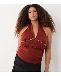 ASOS - Asos Design Curve Compact Cotton Ruched Halter Neck Top With Bead Detail - Lyst