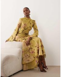 ASOS - Long Sleeve High Neck Maxi Dress With Ruffle Godets And Flute Sleeves - Lyst