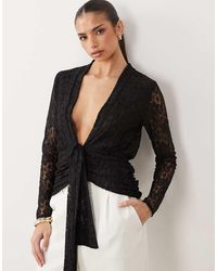 ASOS - Lace Long Sleeve Plunge Top With Tie Waist - Lyst