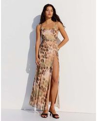 Bershka - Animal Print Tulle Midi Dress - Lyst