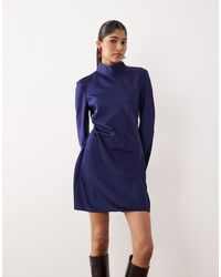Mango - High Neck Satin Long Sleeve Ruched Side Mini Dress - Lyst