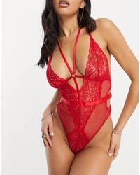 Ann Summers - Obsession Lace And Fishnet Plunge Front Crotchless Bodysuit With Strapping Detail - Lyst